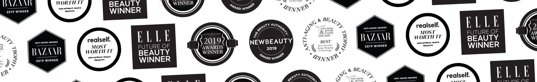 EMsculpt muscle building London - strip of beauty award seals and magazine logos Strip of beauty award seals and magazine logos for EMsculpt muscle building in London